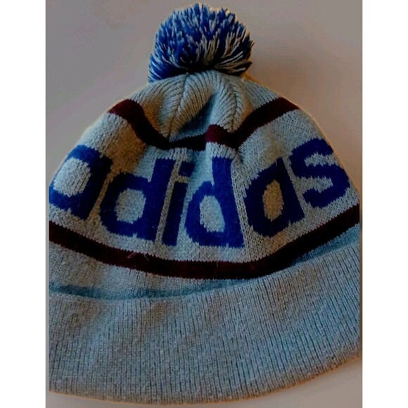 Adidas Pom Beanie Gray Blue Burgundy Knit Hat OS Y2K Streetwear Retro EUC - Picture 2 of 6